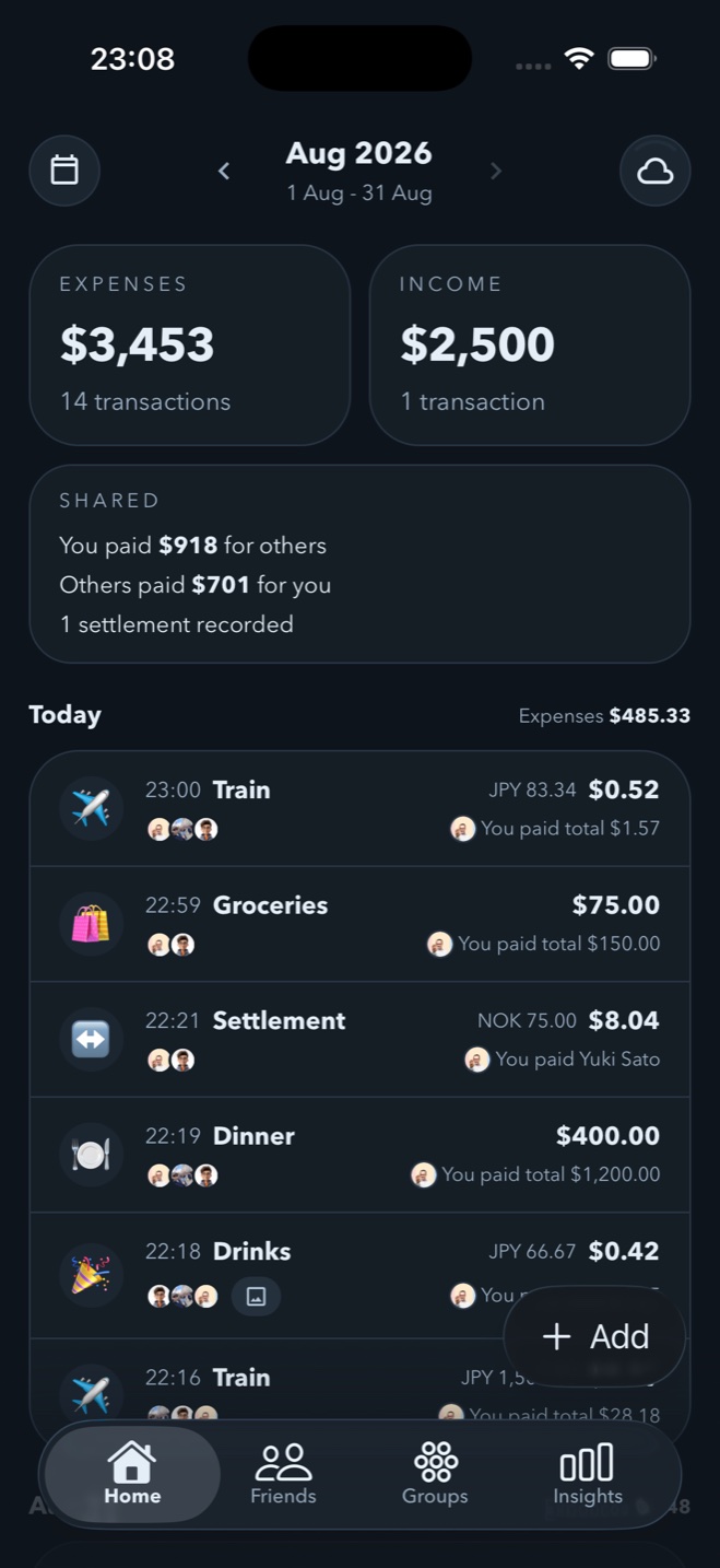 Spendol home screen showing personal totals, shared balances, and recent activity