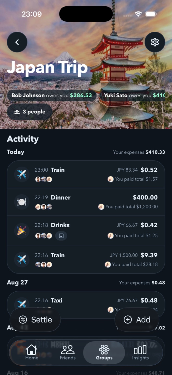 Spendol Japan Trip group showing shared balances and activity