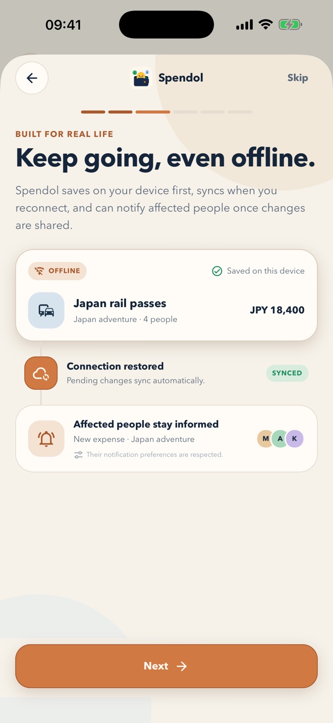 Spendol explaining how an offline expense syncs after reconnecting