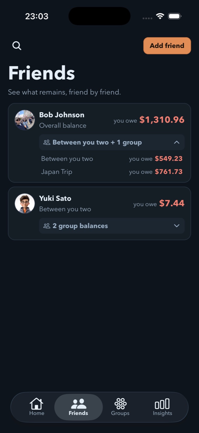 Spendol friends screen showing balances between people