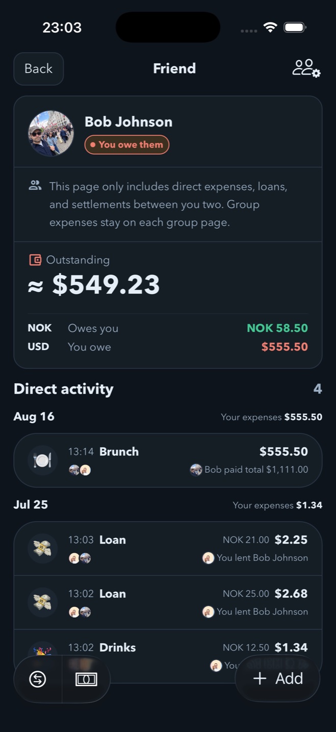 Spendol friend detail showing outstanding balances, direct expenses, and loans