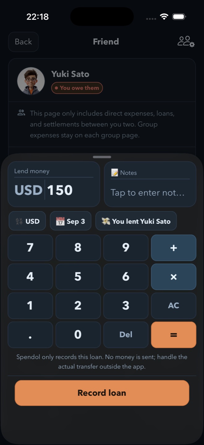 Spendol form for recording money lent to a friend